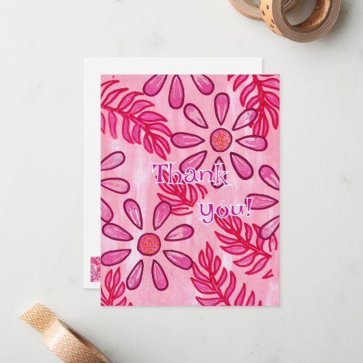 Roze bloemkaarten met bedankbericht, sjabloon (Voorkant / Achterkant in situ)