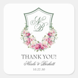 Roze Bloemkam bruiloft Dank u Vierkante Sticker