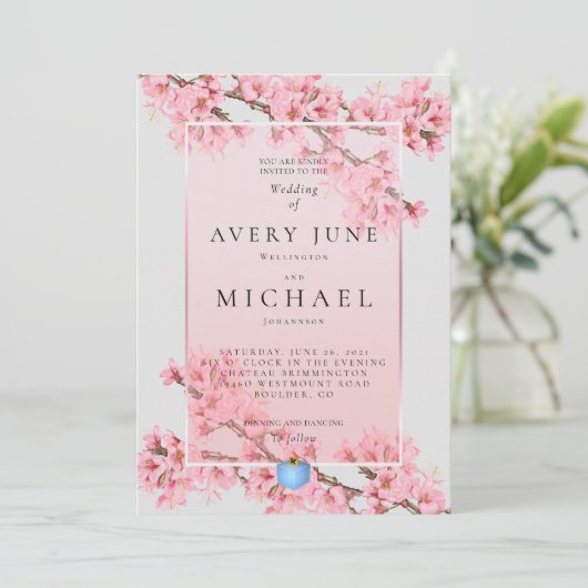 Roze bloemkersen bloesem bruiloft uitnodiging (Staand voorkant)