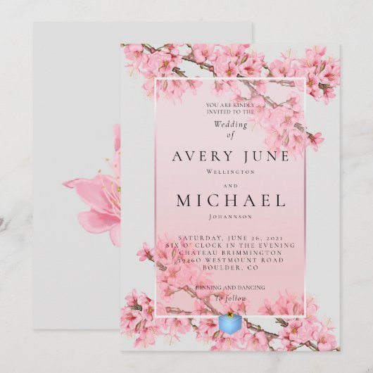 Roze bloemkersen bloesem bruiloft uitnodiging (Voorkant / Achterkant)