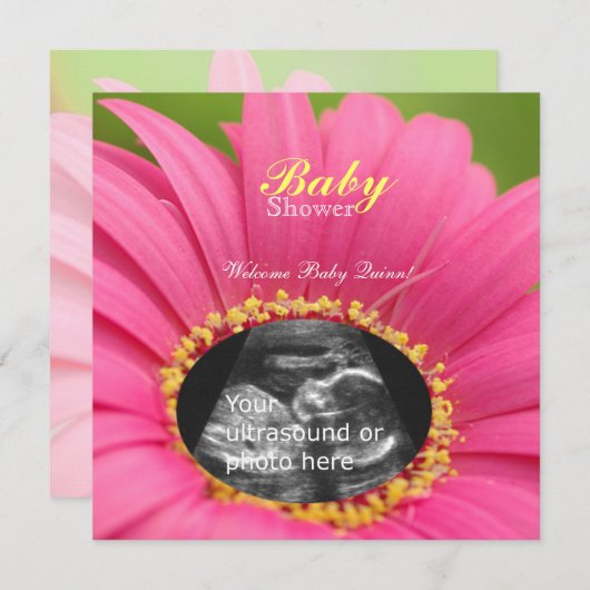 Roze "Bloemkind" Sonogram Shower Invite-square Kaart (Voorkant / Achterkant)