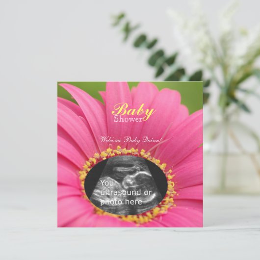 Roze "Bloemkind" Sonogram Shower Invite-square Kaart (Staand voorkant)