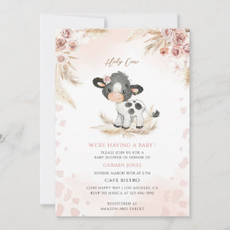 Roze Bloemkoe Baby Shower Kaart