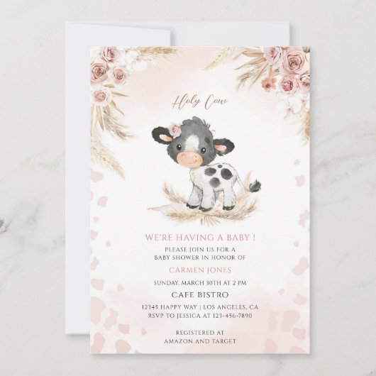 Roze Bloemkoe Baby Shower Kaart (Voorkant)