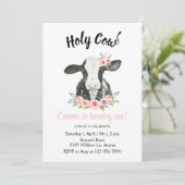 Roze bloemkoe met koeienprint uitnodiging (Staand voorkant)