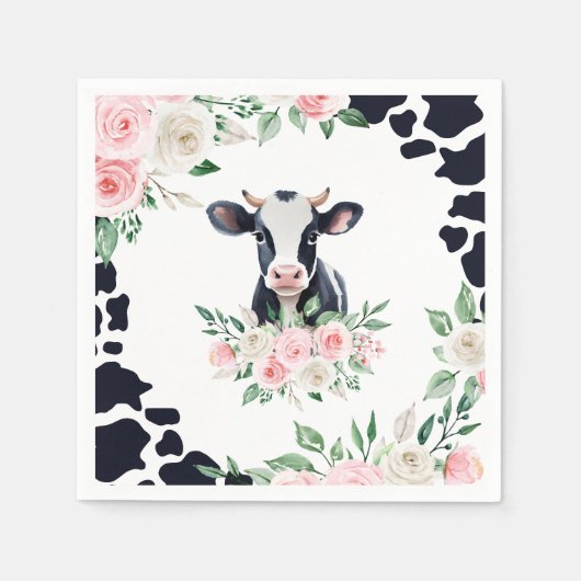 Roze Bloemkoe Verjaardagsfeestje Servet (Voorkant)