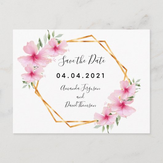Roze bloemkolen goudgeo bruiloft Bespaar op datum Aankondigingskaart (Voorkant)