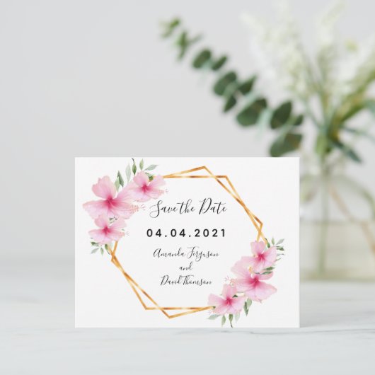 Roze bloemkolen goudgeo bruiloft Bespaar op datum Aankondigingskaart (Staand voorkant)
