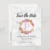 roze bloemkolf met groot monogram sparen de datum aankondigingskaart (Voorkant / Achterkant)