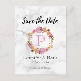 roze bloemkolf met groot monogram sparen de datum aankondigingskaart