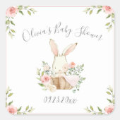 Roze bloemkonijn Baby Shower Vierkante Sticker (Voorkant)