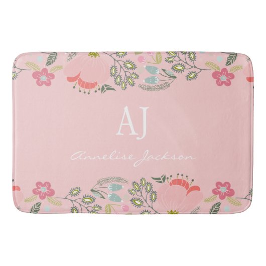 Roze bloemkorrelige monogram op maat badmat (Voorkant)