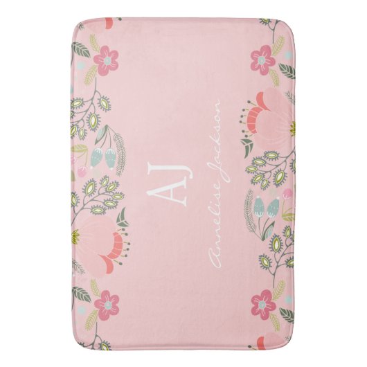 Roze bloemkorrelige monogram op maat badmat (Voorkant Verticaal)