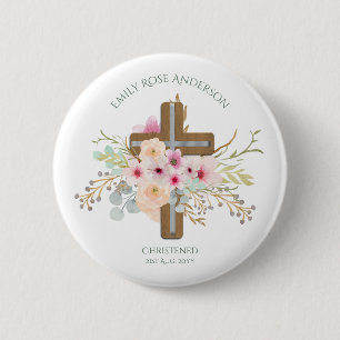 Roze Bloemkruis Boeket Meisje Doop Christening Ronde Button 5,7 Cm