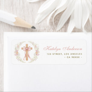 Roze bloemkruis Doop Christening Adres Etiket