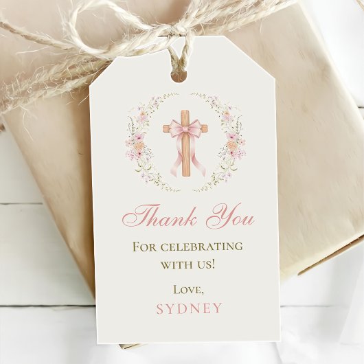 Roze Bloemkruis Doop Christening Cadeaulabel