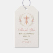 Roze Bloemkruis Doop Christening Cadeaulabel (Voorkant)
