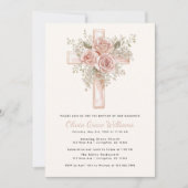Roze Bloemkruis Doop Uitnodiging (Voorkant)