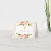 Roze bloemkruis eerste communie bedankkaart (Voorkant)