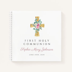 Roze bloemkruis Eerste Communie Guestbook Notitieboek