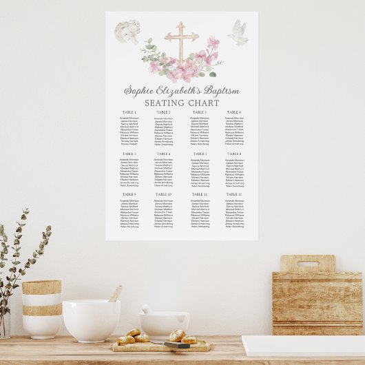 Roze Bloemkruis Engel Doop Stoelenverdeling Poster (Keuken)