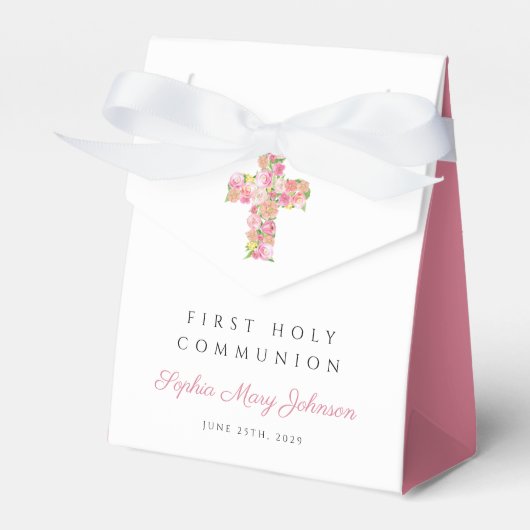 Roze bloemkruis Religieuze Eerste Communie Bedankdoosjes (Voorkant Zijde)