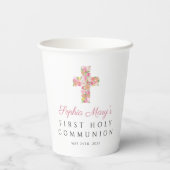 Roze bloemkruis Religieuze Eerste Communie  Papieren Bekers (Achterkant)
