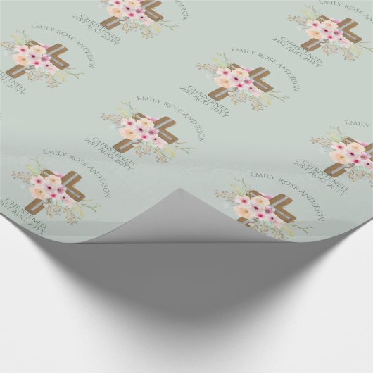 Roze bloemkruisboeket meisje doop  cadeaupapier (Hoek)