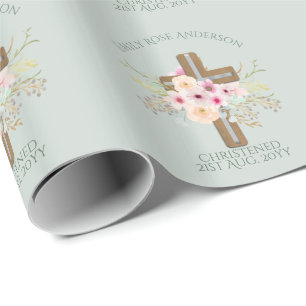 Roze bloemkruisboeket meisje doop  cadeaupapier