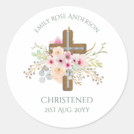 Roze bloemkruisboeket Meisje Doop Christening Ronde Sticker