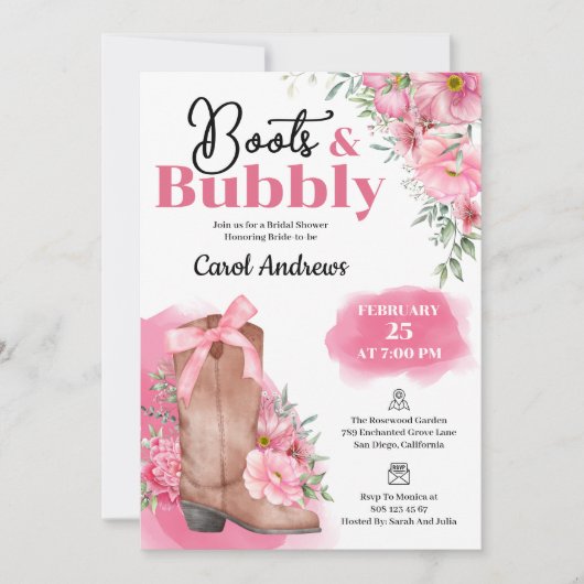 Roze Bloemlaarzen & Bubble Vrijgezellenfeest Kaart (Voorkant)