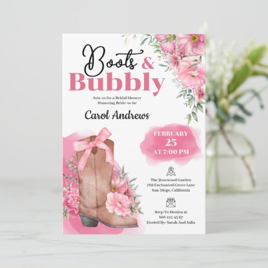 Roze Bloemlaarzen & Bubble Vrijgezellenfeest Kaart (Staand voorkant)