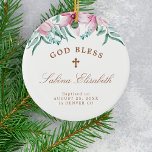 Roze bloemmeisje baptisme gepersonaliseerd God zeg Keramisch Ornament<br><div class="desc">Waterverf gooit roze magnolia bloemen,  groen bladeren,  eucalyptusbladeren en een stijlvol,  handgeschreven kalligrafiescript waardoor een mooi meisje met een baptisme gepersonaliseerd kerstboomtopje wit ornament wordt.</div>