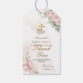 Roze Bloemmeisje EERSTE Heilige Communie Gouden Kr Cadeaulabel (Achterkant)
