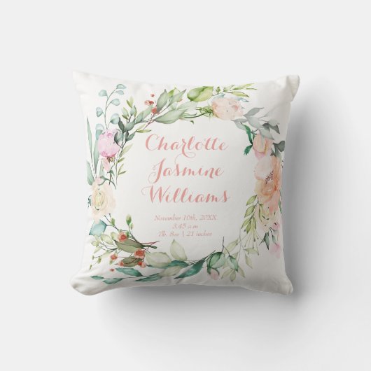 Roze bloemmonogram baby geboorte statistieken kind kussen (Voorkant)