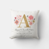Roze Bloemmonogram Initiaal letter A Geboortestatu Kussen (Voorkant)