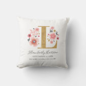 Roze Bloemmonogram Initiaal letter L Geboortestati Kussen (Voorkant)