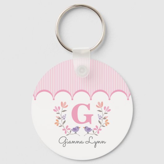 Roze bloemmonogram strepen sleutelhanger (Voorkant)