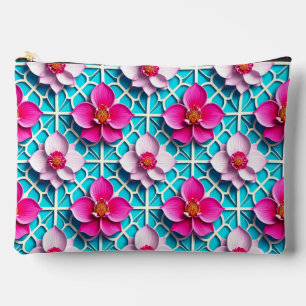 Roze bloemmotief blauwe geometrische tas make-upta