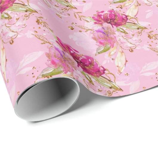Roze bloemmotief cadeaupapier (Rol Hoek)