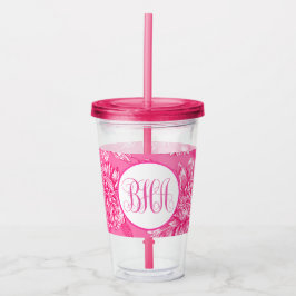 Roze bloemmotief en monogram acryl drinkbeker