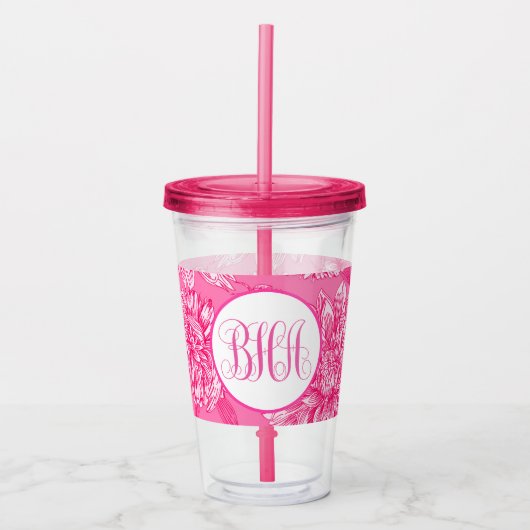 Roze bloemmotief en monogram acryl drinkbeker (Voorkant)