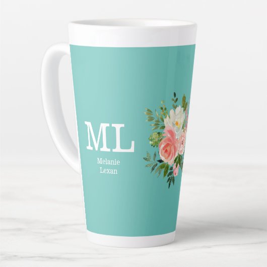 Roze bloemmotief en teal monogram    latte mok (Linkerhoek)