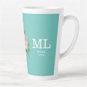 Roze bloemmotief en teal monogram    latte mok (Rechts)
