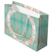 Roze bloemmotief en turquoise groot cadeauzakje (Voorkant Gekanteld)