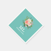 Roze bloemmotief en turquoise monogram servet (Hoek)