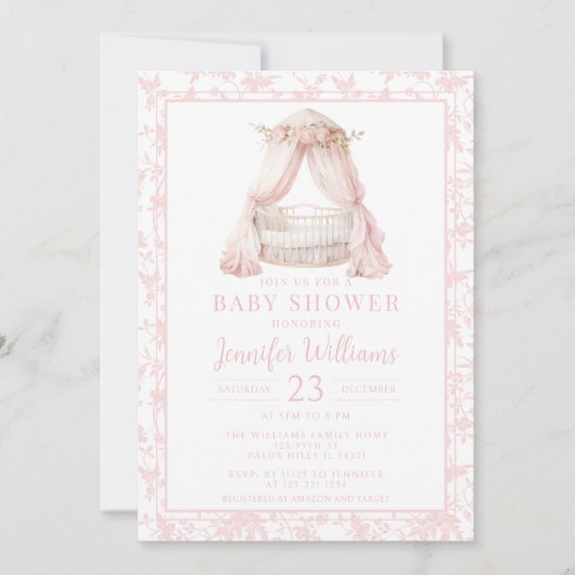 Roze bloemmotief met meisje wieg baby shower kaart (Voorkant)