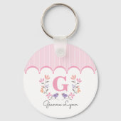 Roze bloemmotief Monogram Strepen Sleutelhanger (Voorkant)