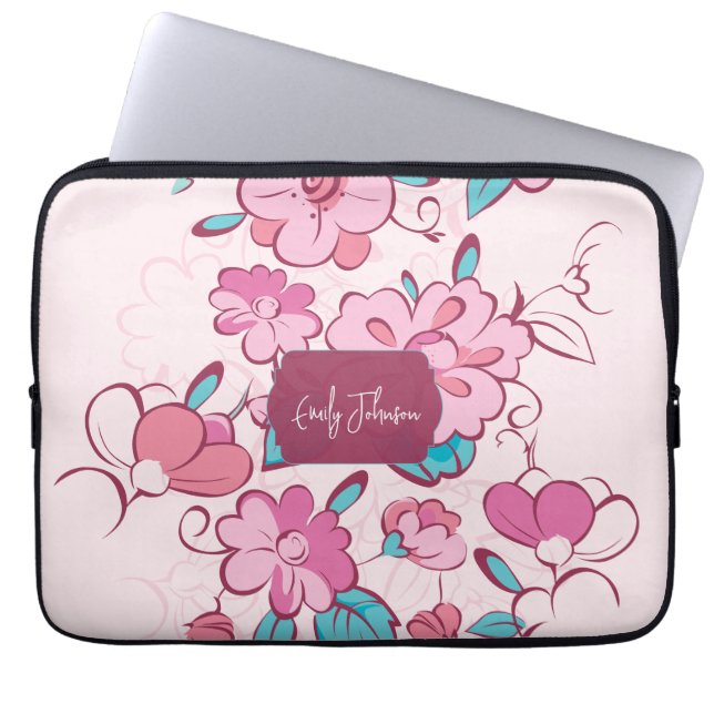Roze Bloemmotief Naam Label Ontwerp Aangepaste Naa Laptop Sleeve (Voorkant)