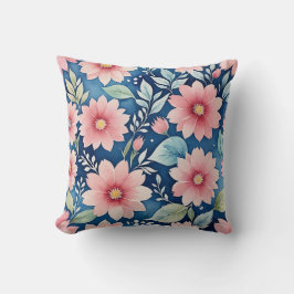 Roze bloemmotief op blauw kussen